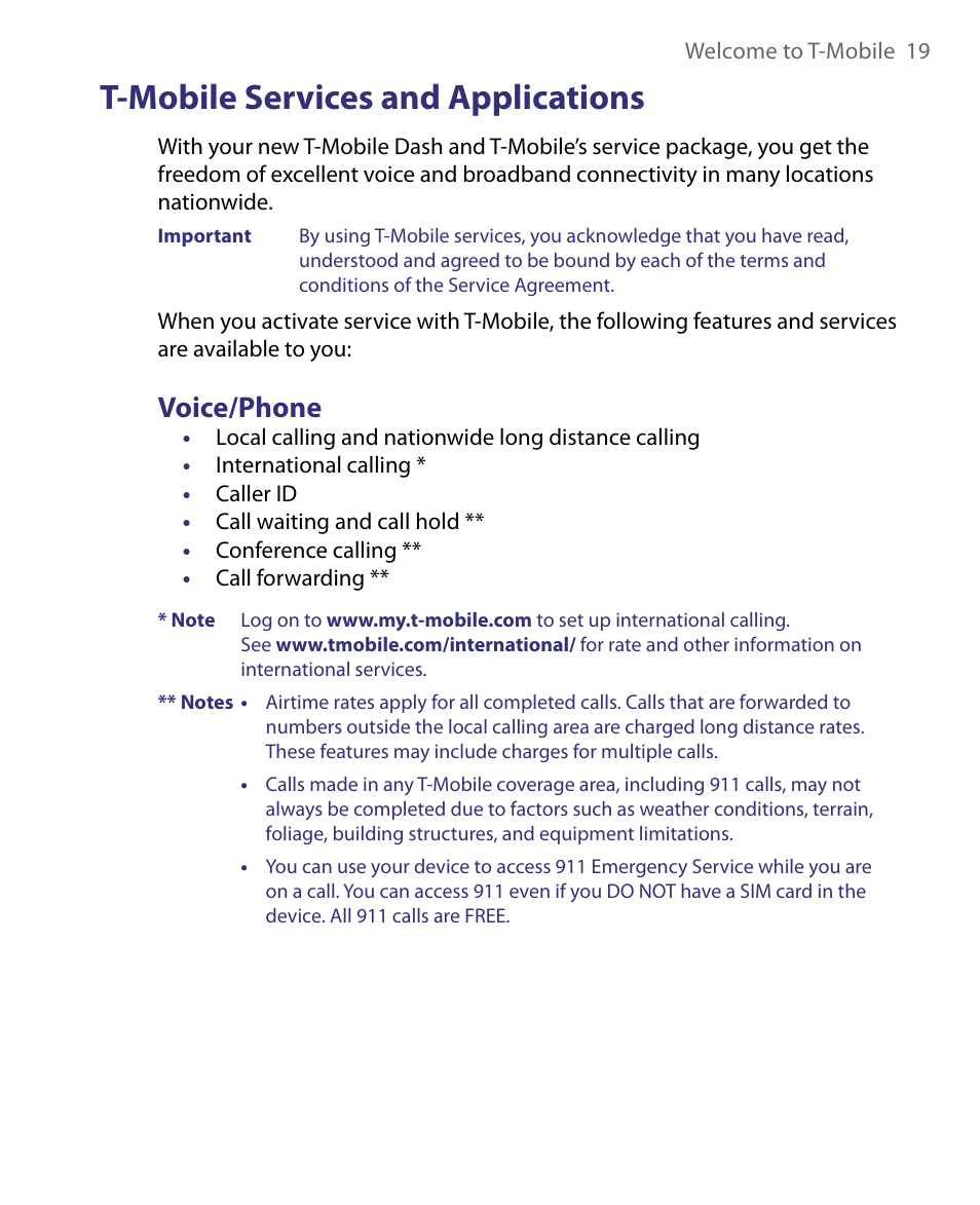 T-mobile services and applications, Voice/phone | HTC Dash EXCA160 User Manual | Page 19 / 202