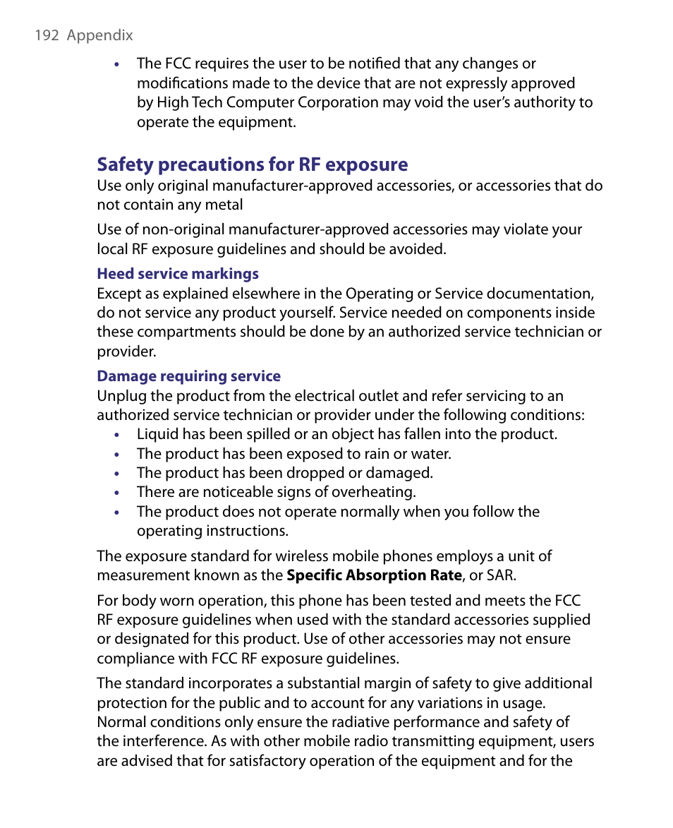 Safety precautions for rf exposure | HTC Dash EXCA160 User Manual | Page 192 / 202