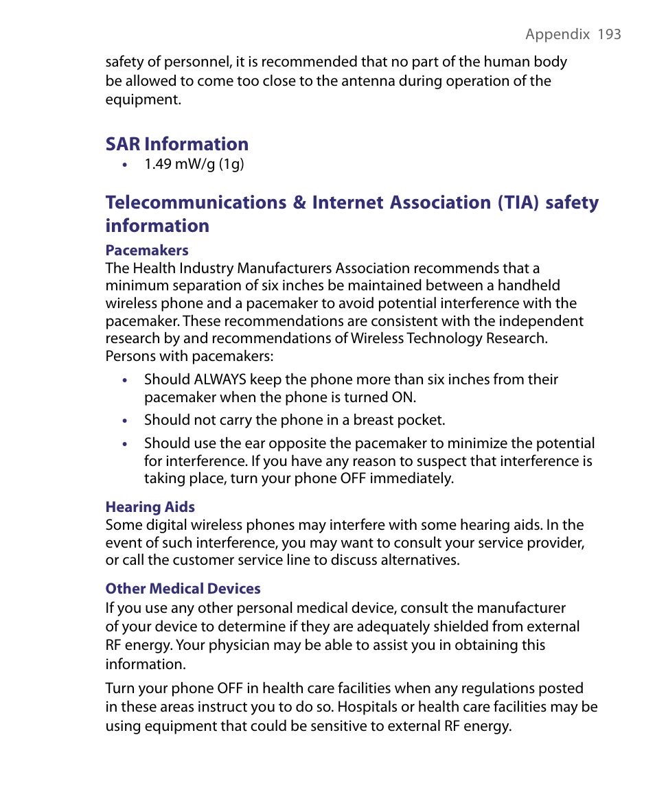 Sar information | HTC Dash EXCA160 User Manual | Page 193 / 202