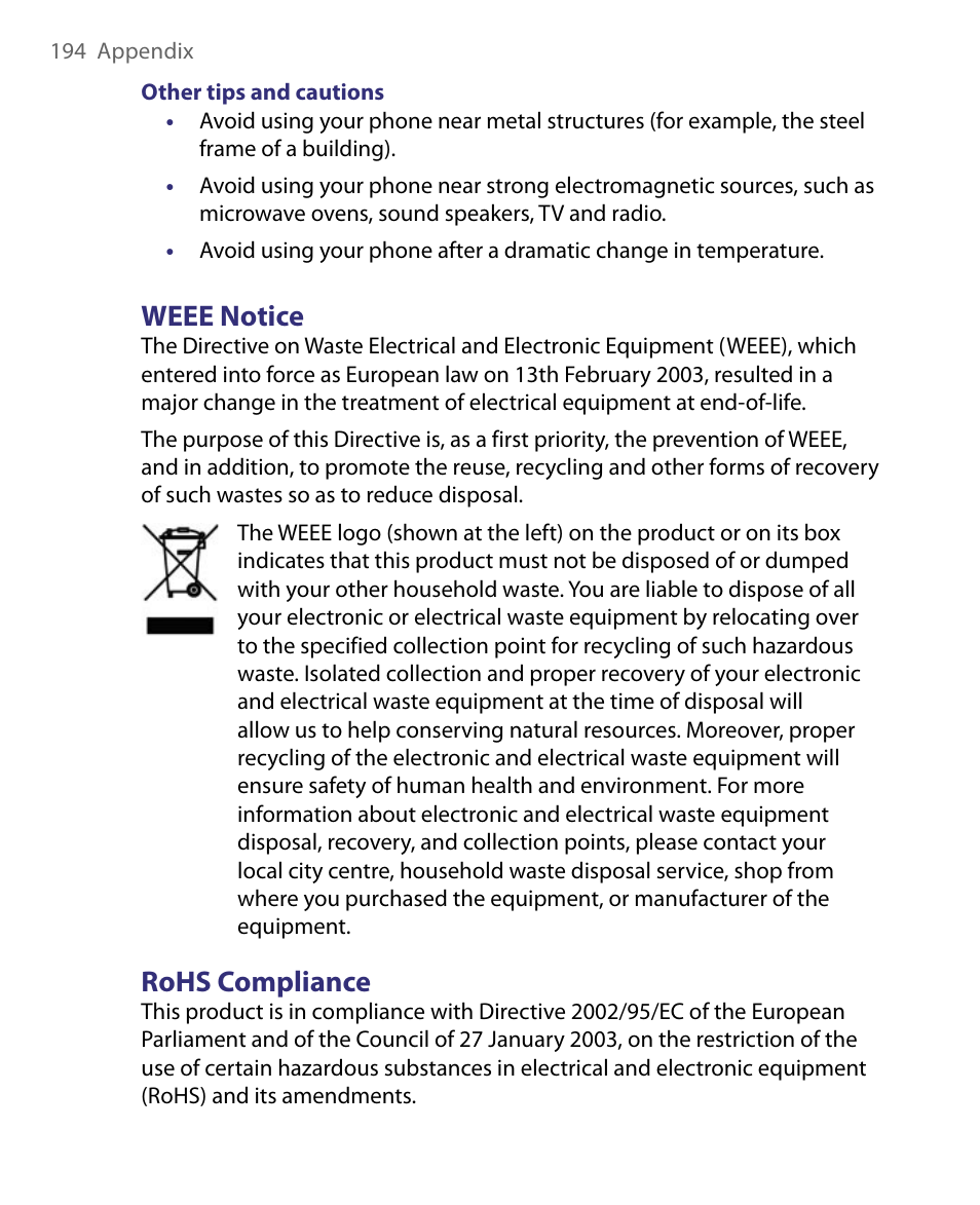 Weee notice, Rohs compliance | HTC Dash EXCA160 User Manual | Page 194 / 202