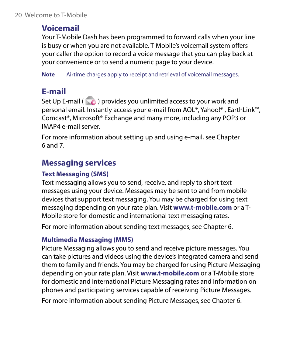 Voicemail, E-mail, Messaging services | Voicemail e-mail messaging services | HTC Dash EXCA160 User Manual | Page 20 / 202