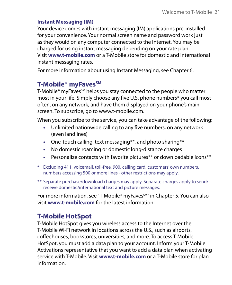 T-mobile® myfavessm, T-mobile hotspot, T-mobile® myfaves | HTC Dash EXCA160 User Manual | Page 21 / 202
