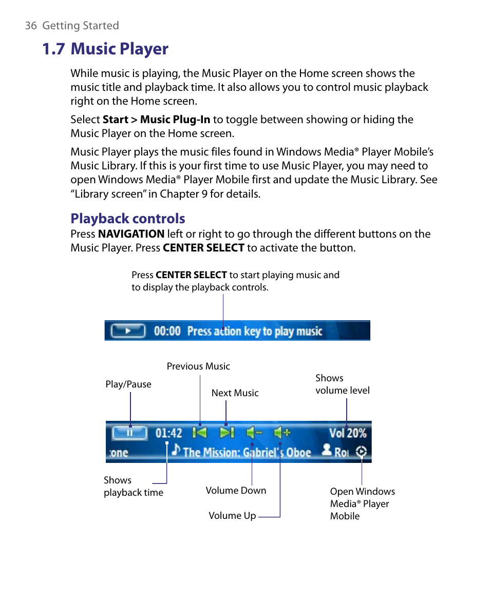 7 music player, Playback controls | HTC Dash EXCA160 User Manual | Page 36 / 202