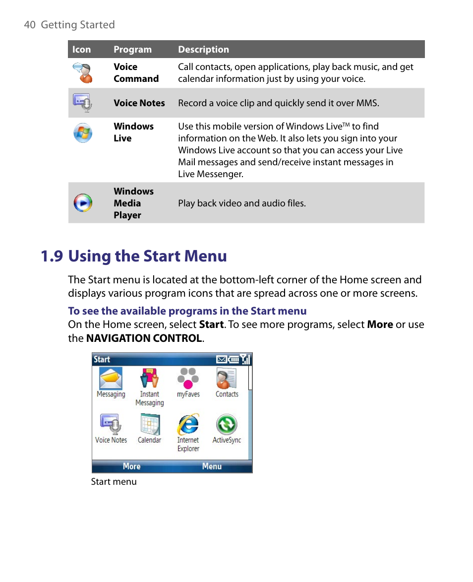 9 using the start menu | HTC Dash EXCA160 User Manual | Page 40 / 202