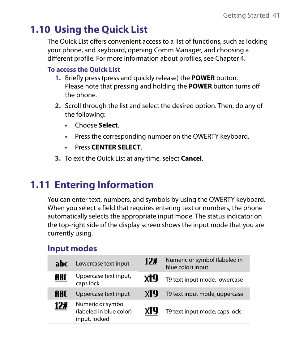 10 using the quick list, 11 entering information, Input modes | 10 using the quick list 1.11 entering information | HTC Dash EXCA160 User Manual | Page 41 / 202