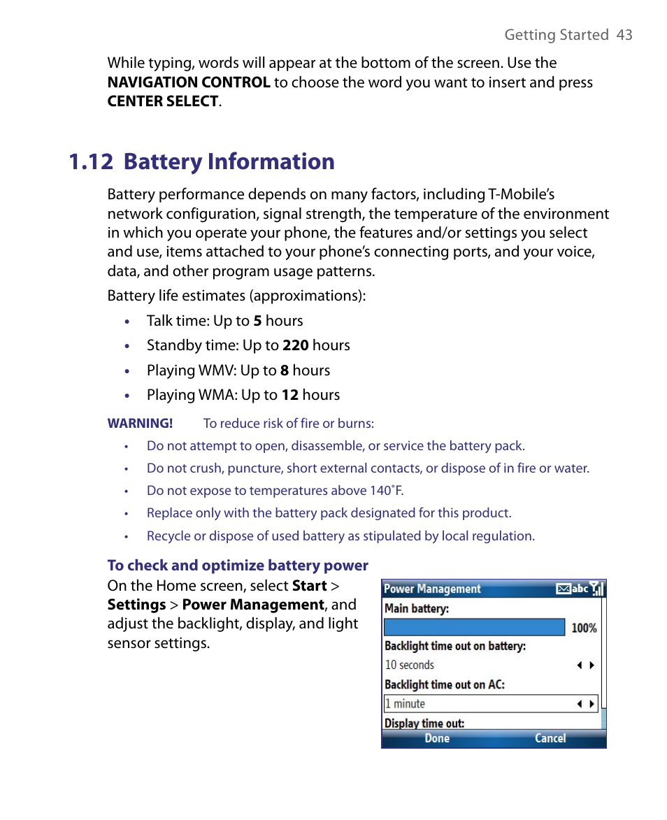 12 battery information | HTC Dash EXCA160 User Manual | Page 43 / 202