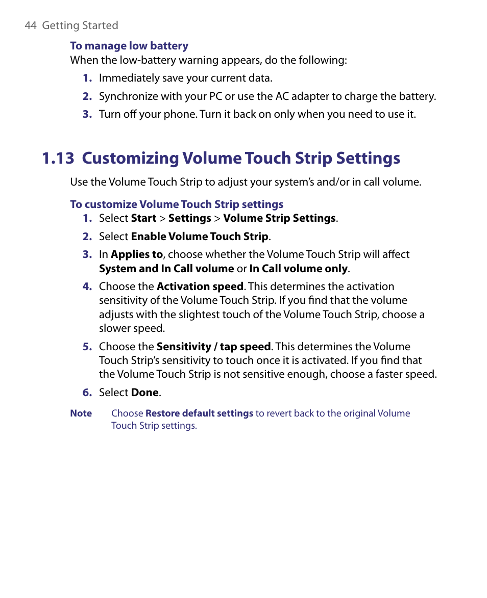 13 customizing volume touch strip settings | HTC Dash EXCA160 User Manual | Page 44 / 202