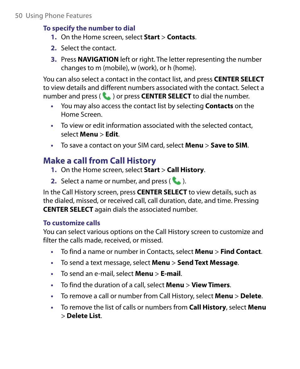 Make a call from call history | HTC Dash EXCA160 User Manual | Page 50 / 202