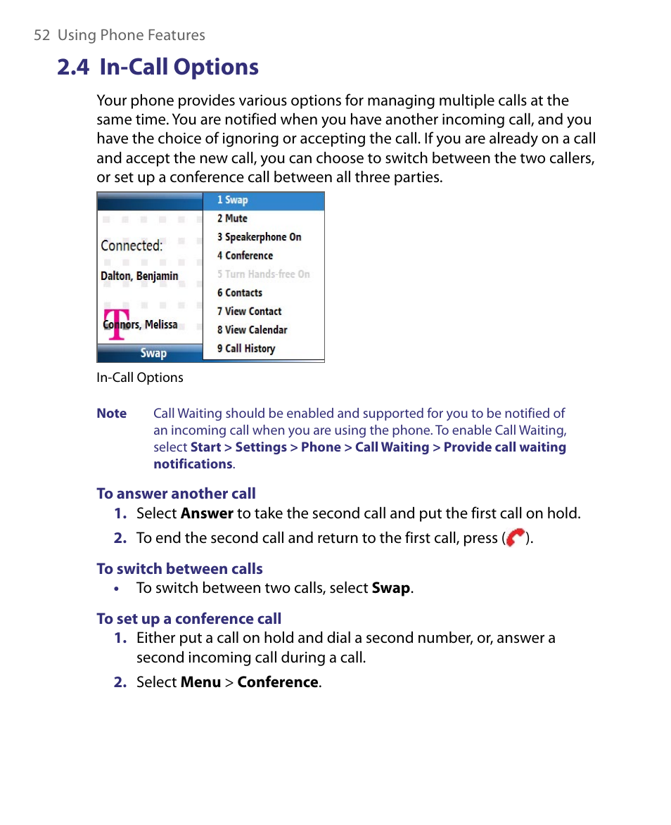 4 in-call options | HTC Dash EXCA160 User Manual | Page 52 / 202