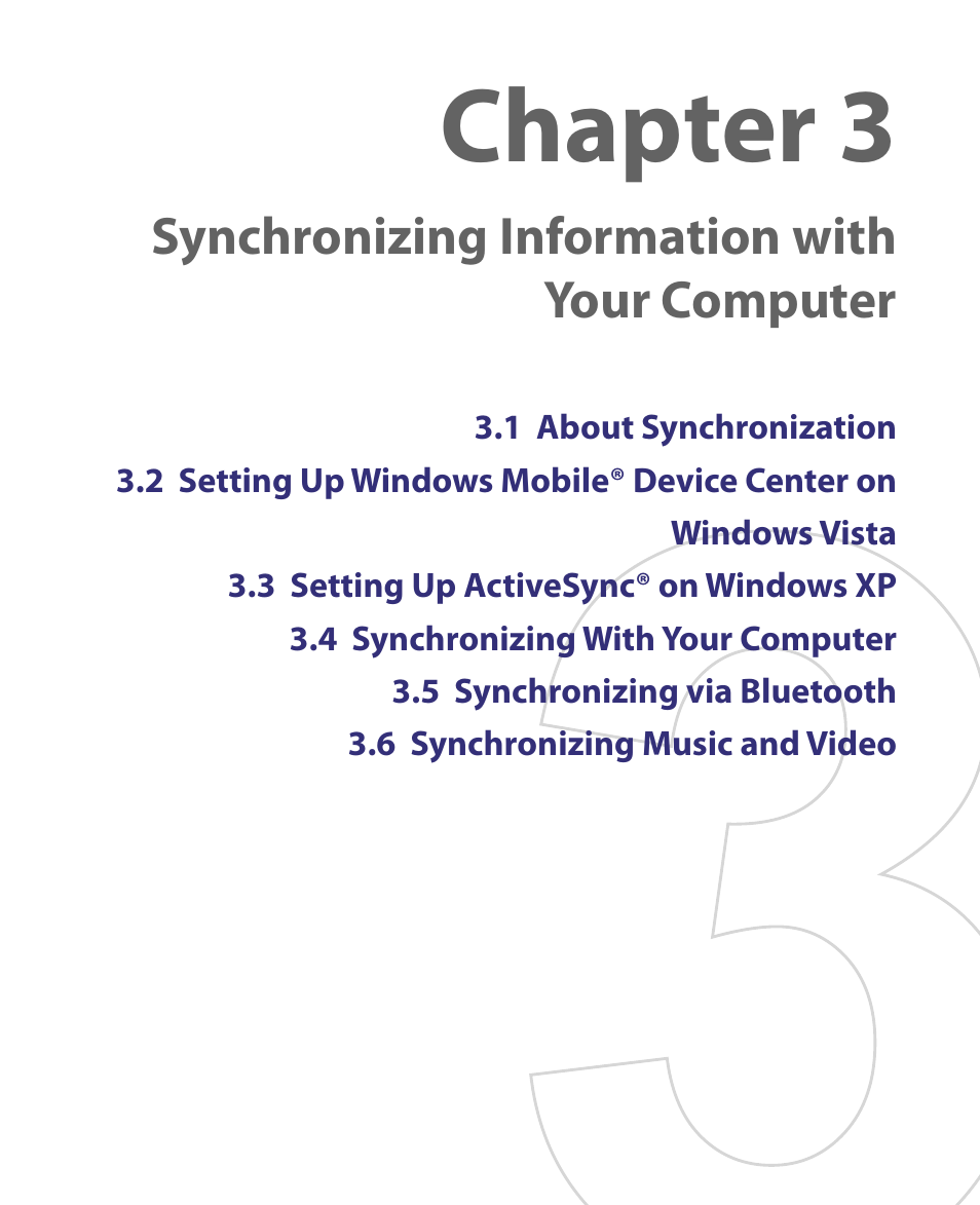 Chapter 3, Synchronizing information with your computer | HTC Dash EXCA160 User Manual | Page 55 / 202