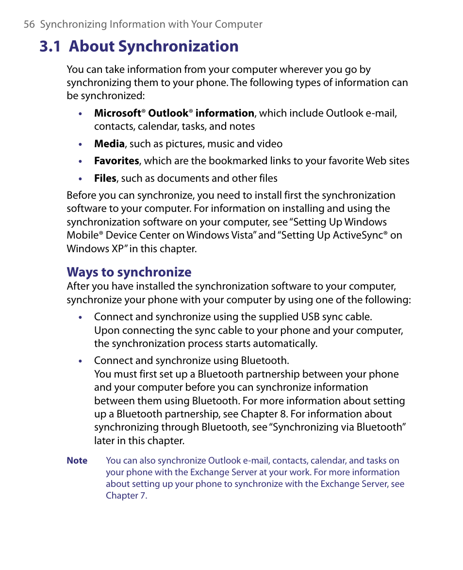 1 about synchronization, Ways to synchronize | HTC Dash EXCA160 User Manual | Page 56 / 202