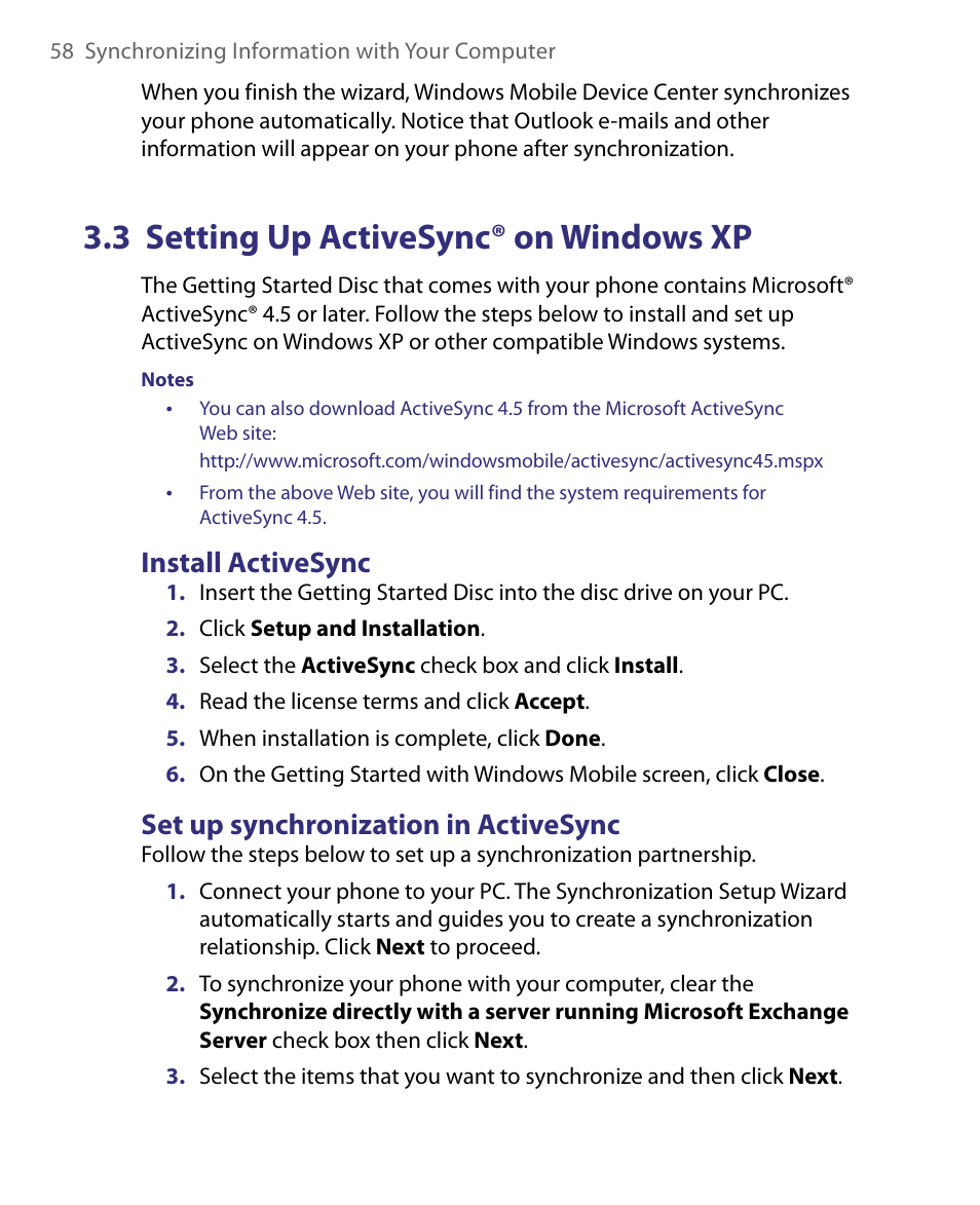 3 setting up activesync® on windows xp, Install activesync, Set up synchronization in activesync | HTC Dash EXCA160 User Manual | Page 58 / 202