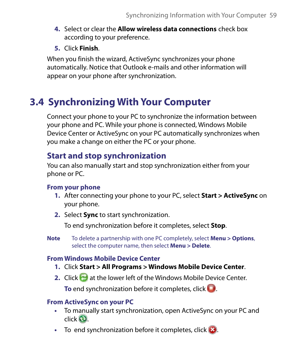 4 synchronizing with your computer, Start and stop synchronization | HTC Dash EXCA160 User Manual | Page 59 / 202