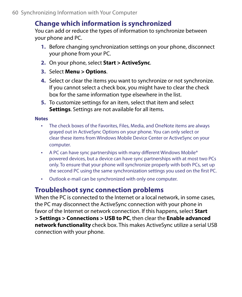 Change which information is synchronized, Troubleshoot sync connection problems | HTC Dash EXCA160 User Manual | Page 60 / 202
