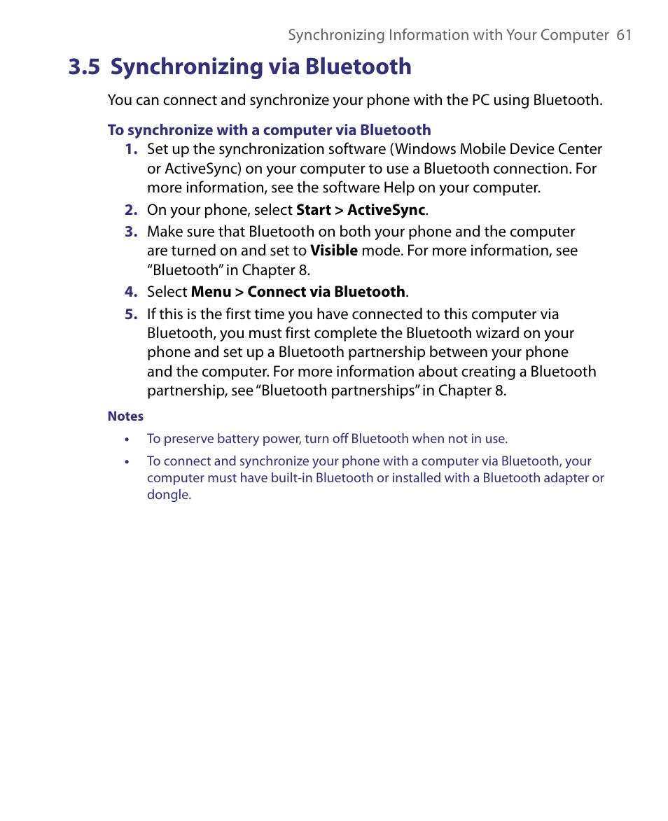 5 synchronizing via bluetooth | HTC Dash EXCA160 User Manual | Page 61 / 202