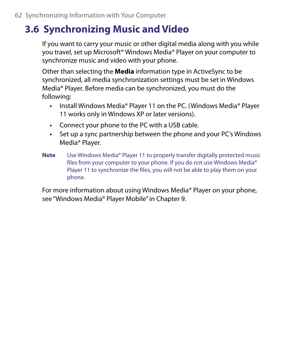6 synchronizing music and video | HTC Dash EXCA160 User Manual | Page 62 / 202