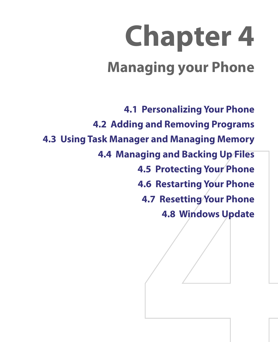 Chapter 4 managing your phone, Chapter 4, Managing your phone | HTC Dash EXCA160 User Manual | Page 63 / 202