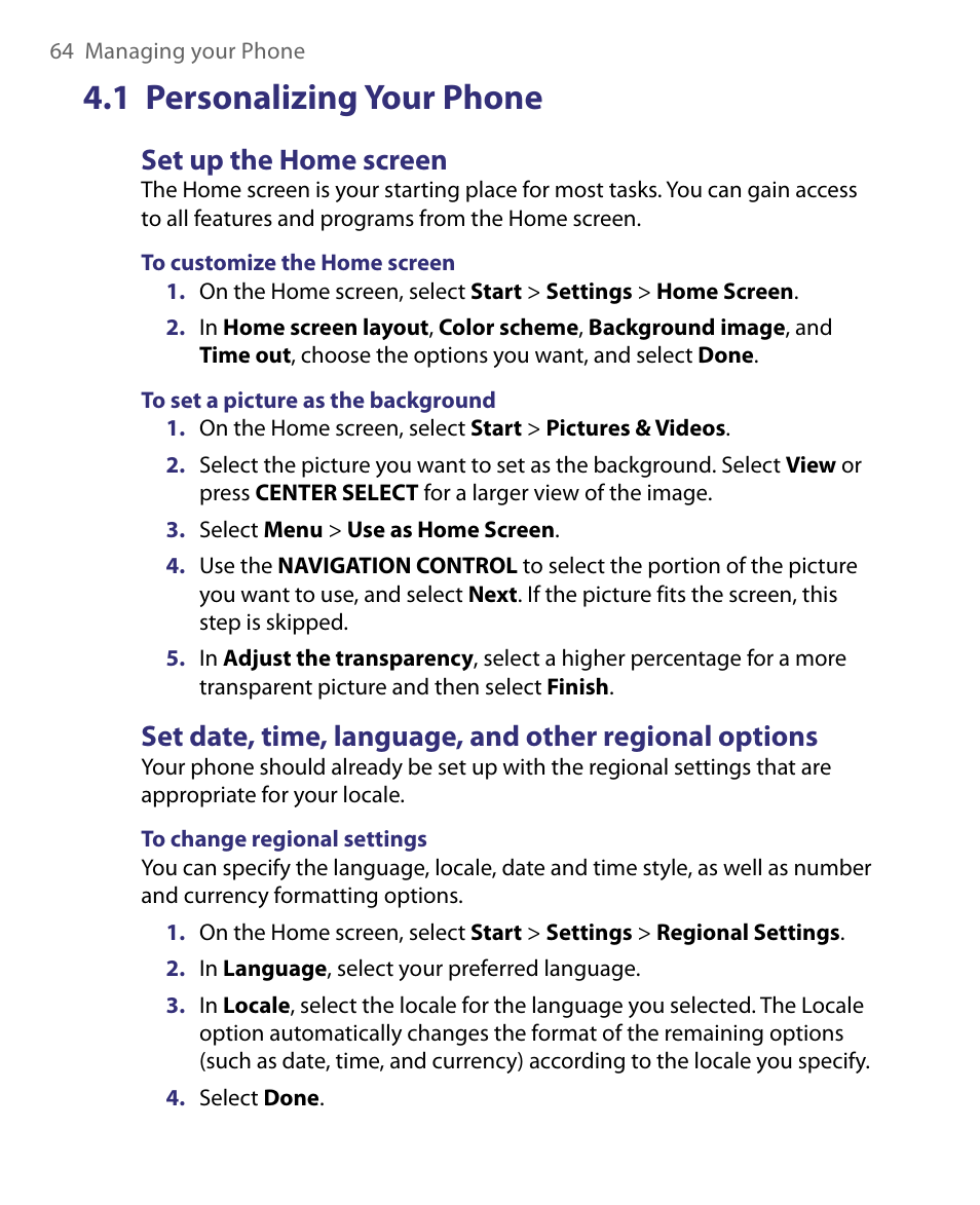 1 personalizing your phone, Set up the home screen | HTC Dash EXCA160 User Manual | Page 64 / 202