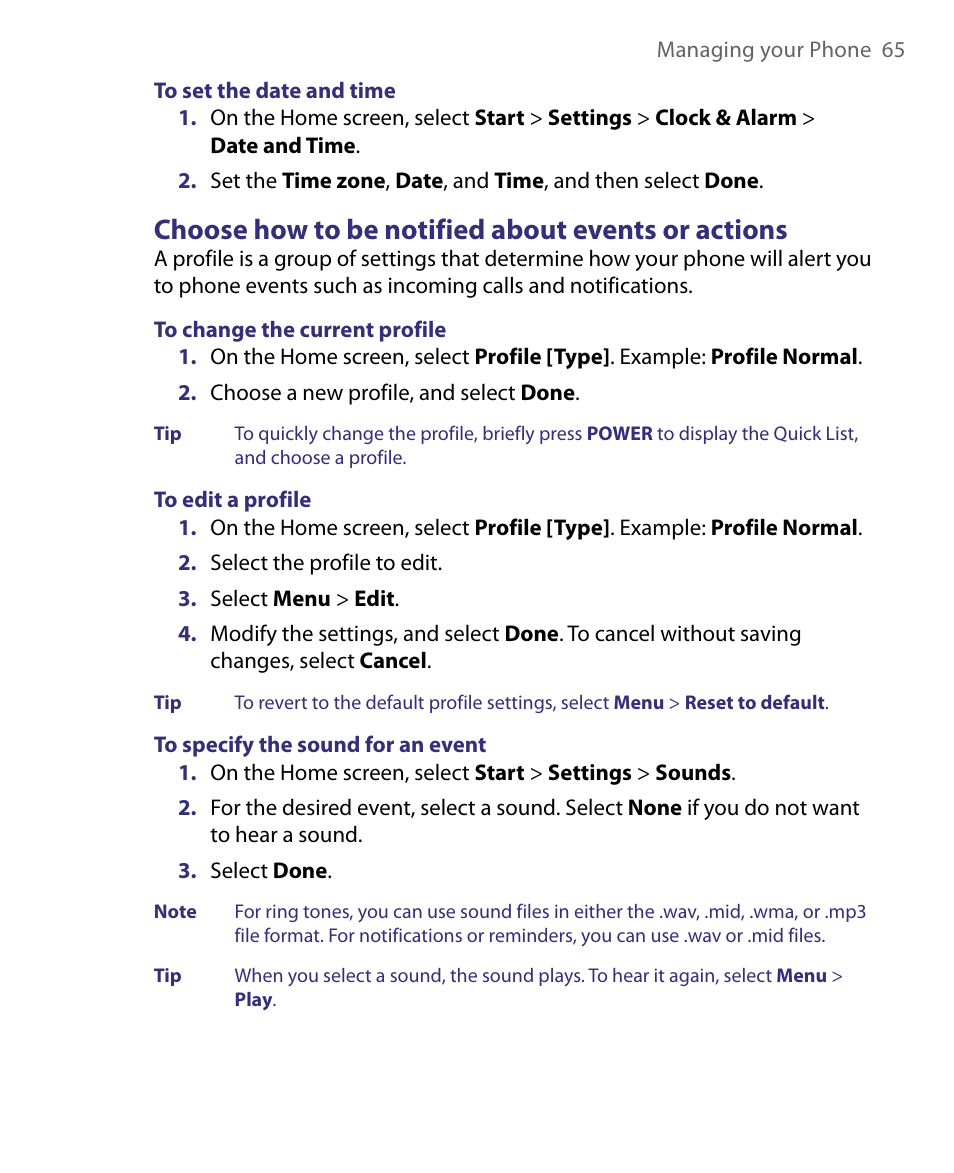 Choose how to be notified about events or actions | HTC Dash EXCA160 User Manual | Page 65 / 202