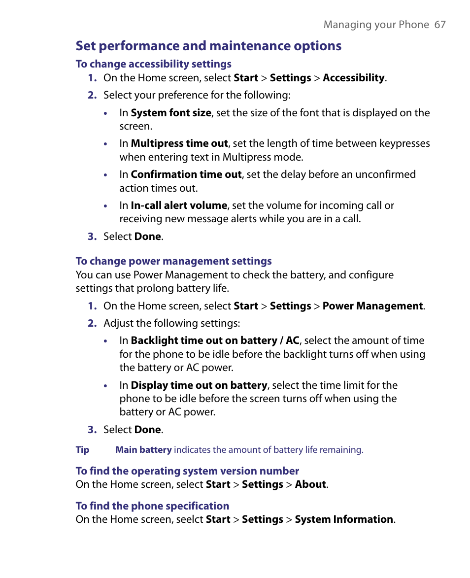 Set performance and maintenance options | HTC Dash EXCA160 User Manual | Page 67 / 202