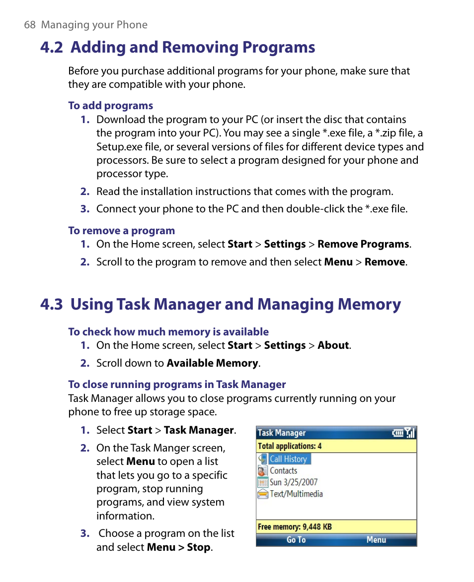 2 adding and removing programs, 3 using task manager and managing memory | HTC Dash EXCA160 User Manual | Page 68 / 202
