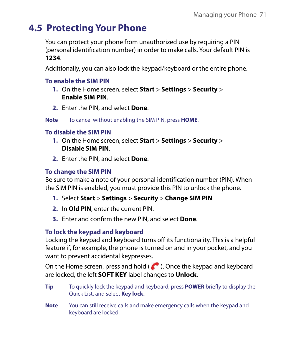 5 protecting your phone | HTC Dash EXCA160 User Manual | Page 71 / 202