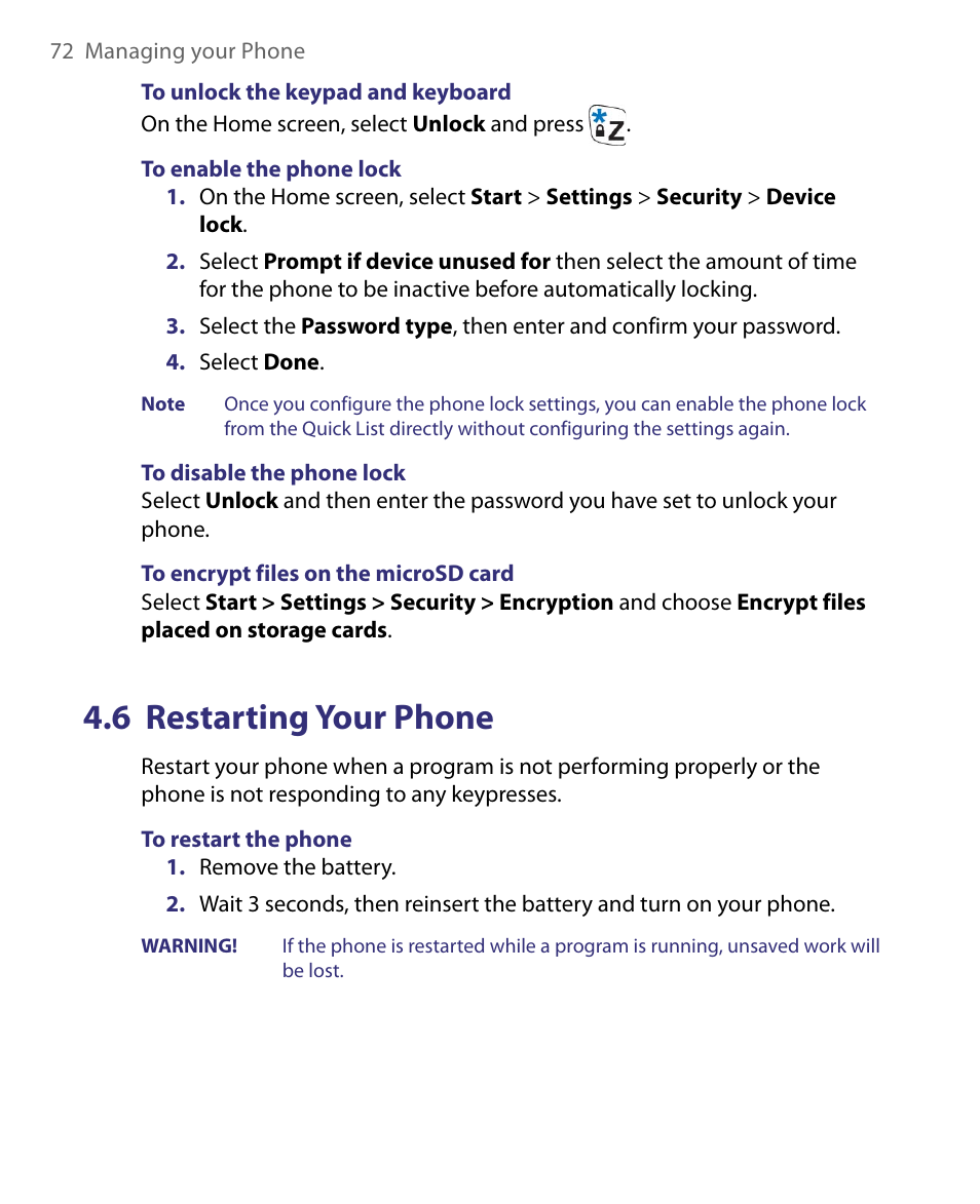 6 restarting your phone | HTC Dash EXCA160 User Manual | Page 72 / 202