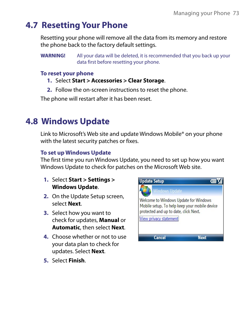 7 resetting your phone, 8 windows update, 7 resetting your phone 4.8 windows update | HTC Dash EXCA160 User Manual | Page 73 / 202