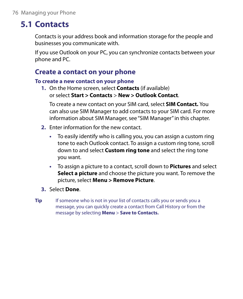 1 contacts, Create a contact on your phone | HTC Dash EXCA160 User Manual | Page 76 / 202