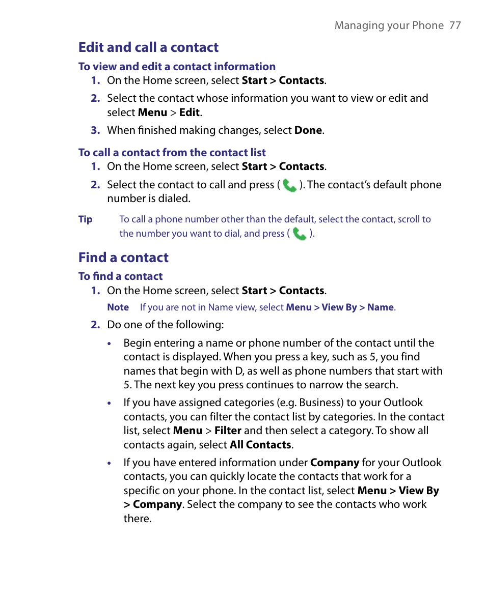 Edit and call a contact, Find a contact, Edit and call a contact find a contact | HTC Dash EXCA160 User Manual | Page 77 / 202