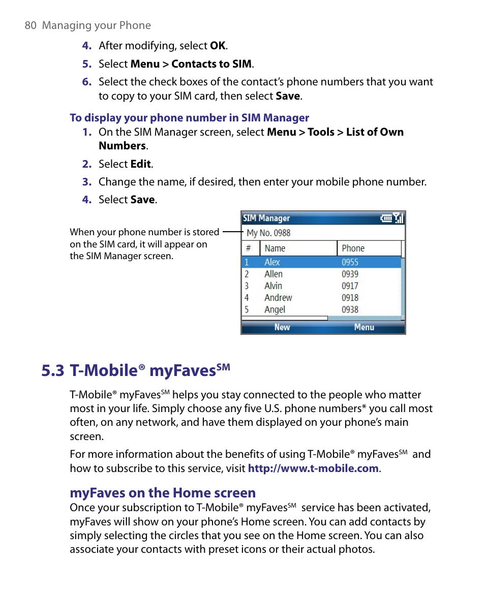 3 t-mobile® myfavessm, Myfaves on the home screen, 3 t-mobile® myfaves | HTC Dash EXCA160 User Manual | Page 80 / 202