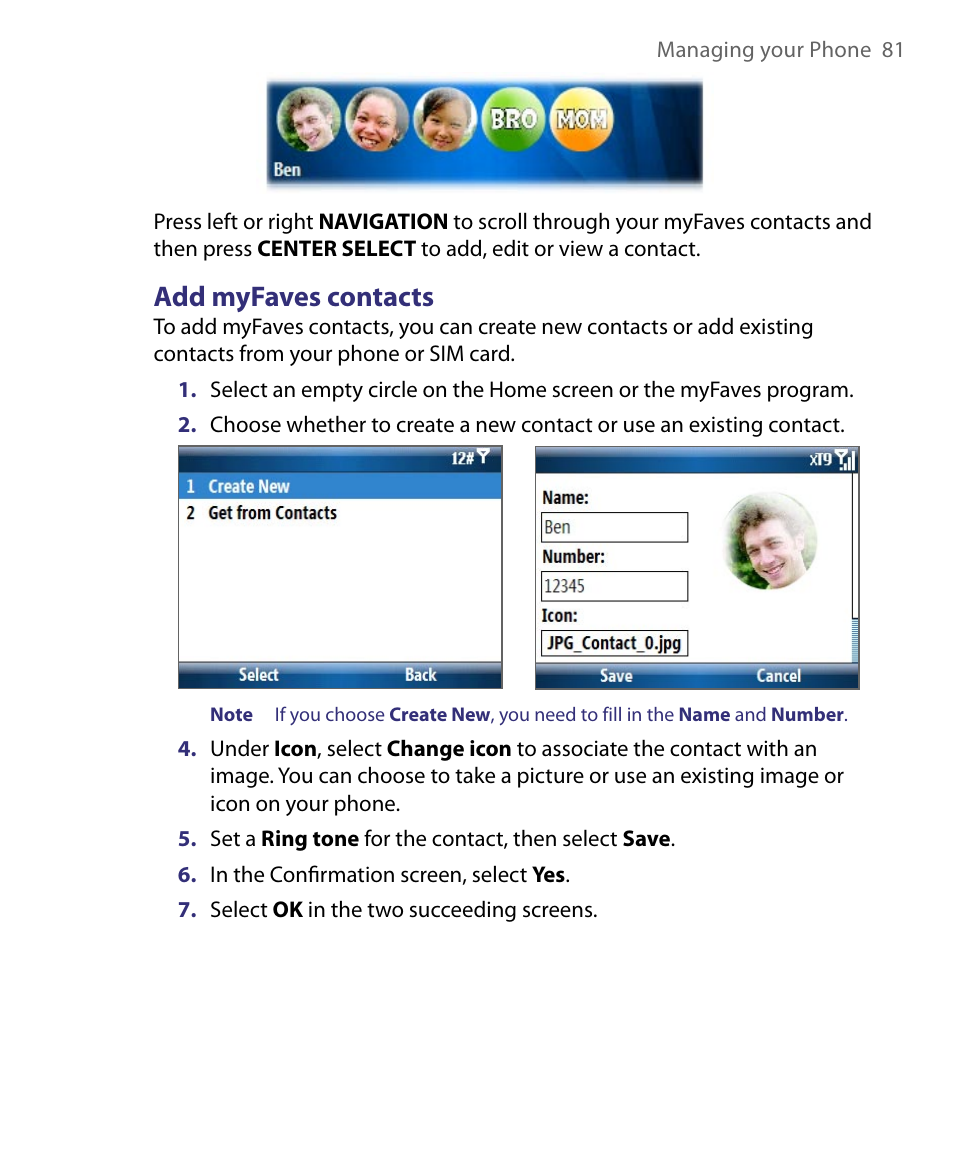 Add myfaves contacts | HTC Dash EXCA160 User Manual | Page 81 / 202