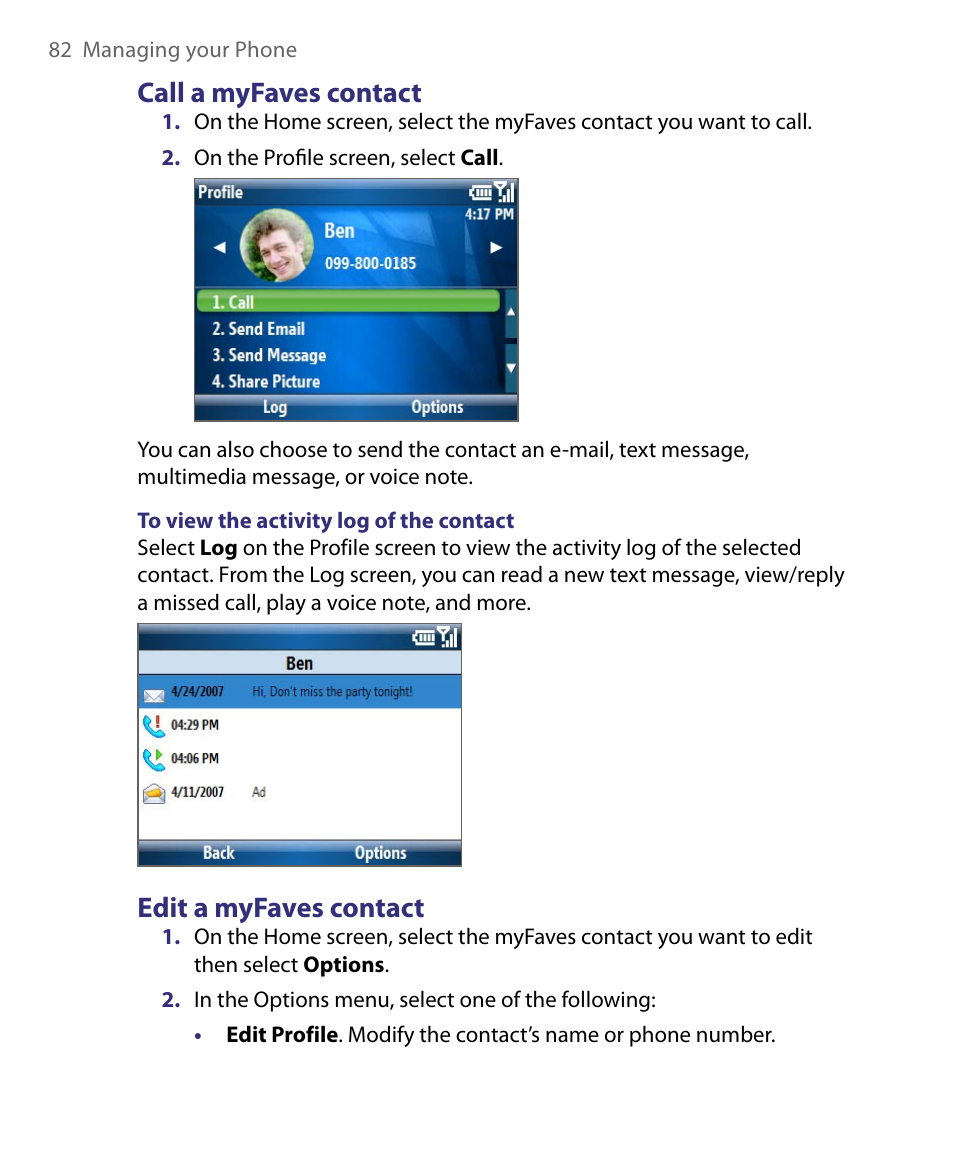 Call a myfaves contact, Edit a myfaves contact, Call a myfaves contact edit a myfaves contact | HTC Dash EXCA160 User Manual | Page 82 / 202