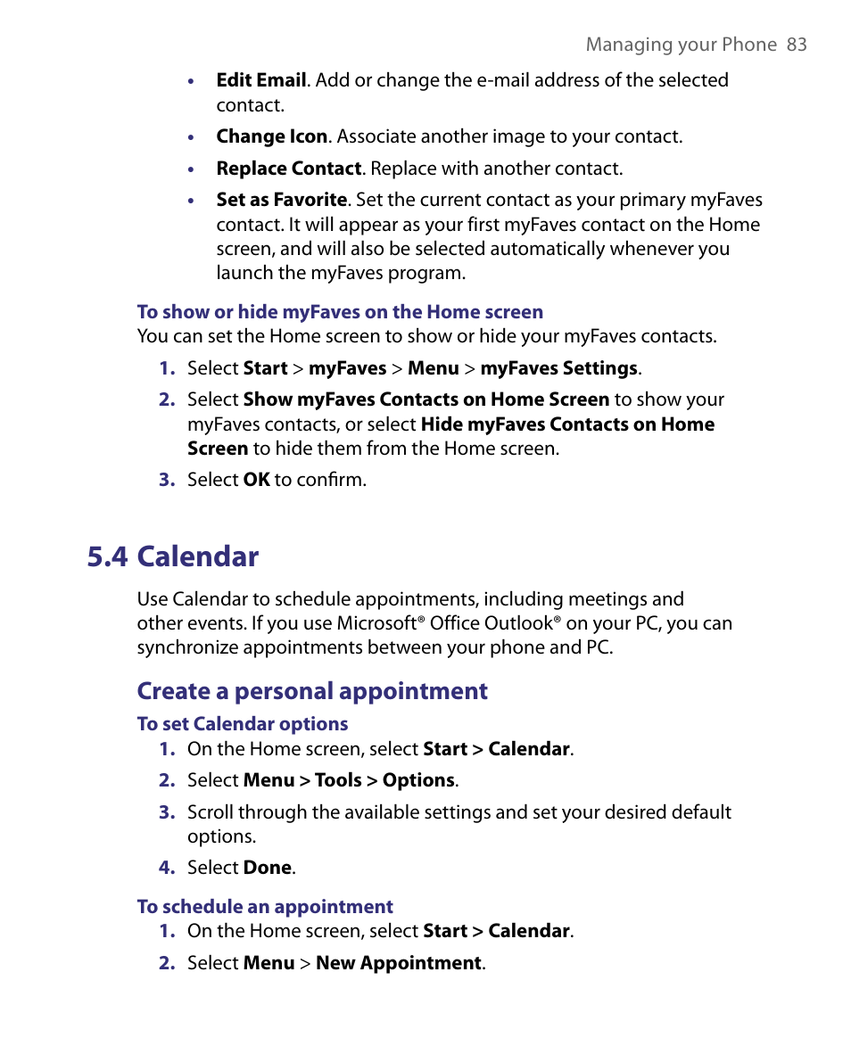 4 calendar, Create a personal appointment | HTC Dash EXCA160 User Manual | Page 83 / 202
