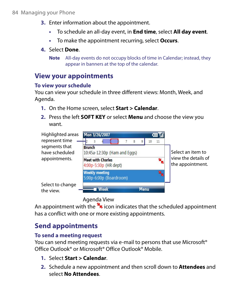 View your appointments, Send appointments, View your appointments send appointments | HTC Dash EXCA160 User Manual | Page 84 / 202