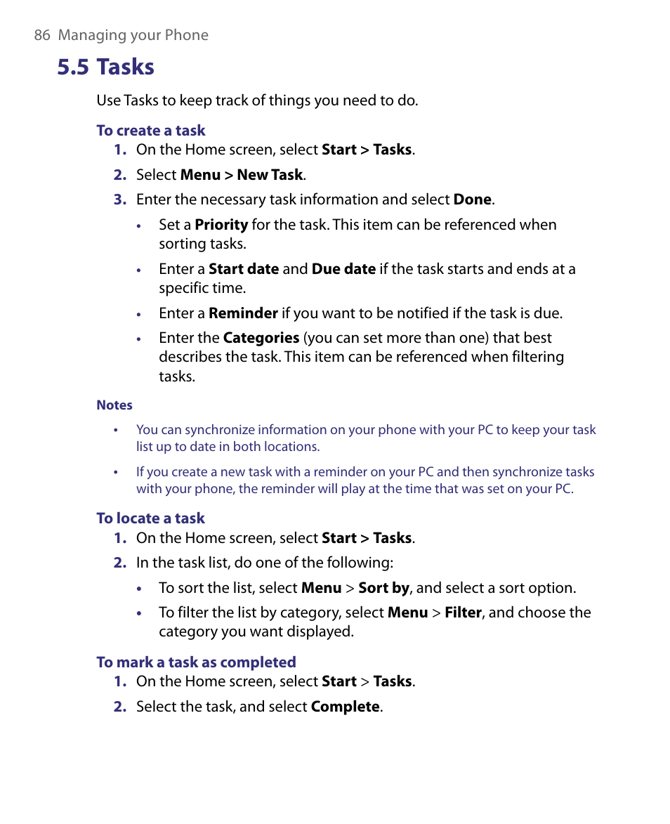 5 tasks | HTC Dash EXCA160 User Manual | Page 86 / 202