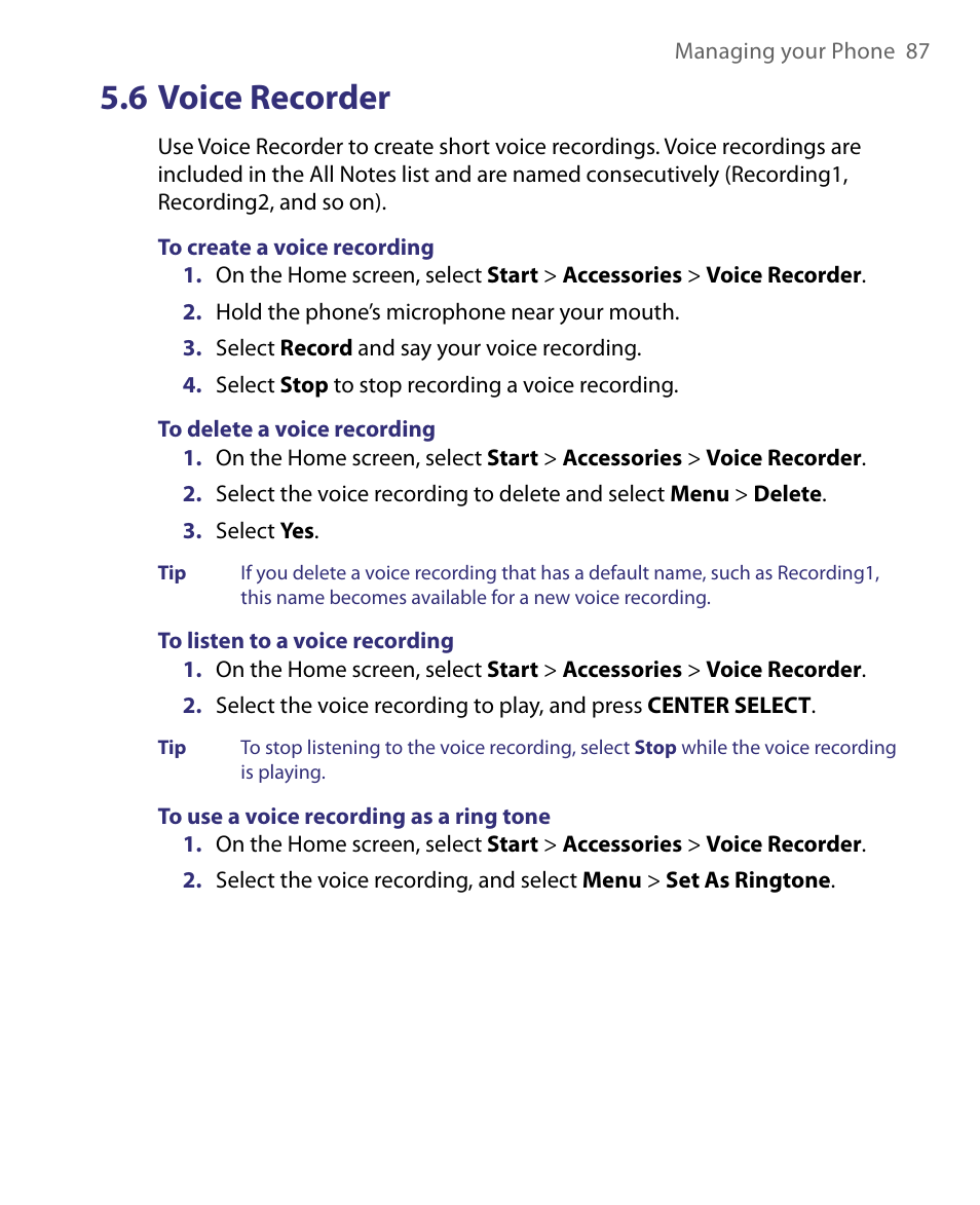 6 voice recorder | HTC Dash EXCA160 User Manual | Page 87 / 202