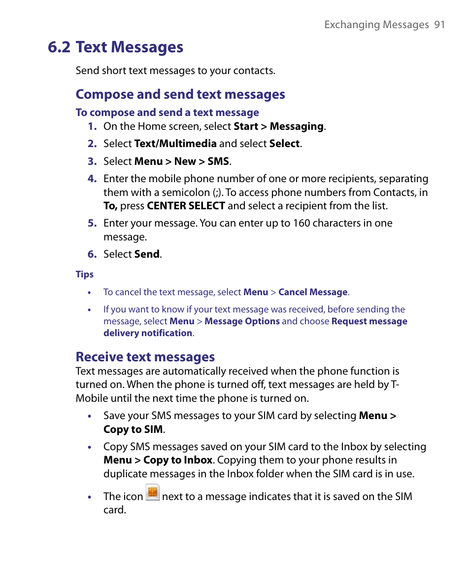 2 text messages, Compose and send text messages, Receive text messages | HTC Dash EXCA160 User Manual | Page 91 / 202