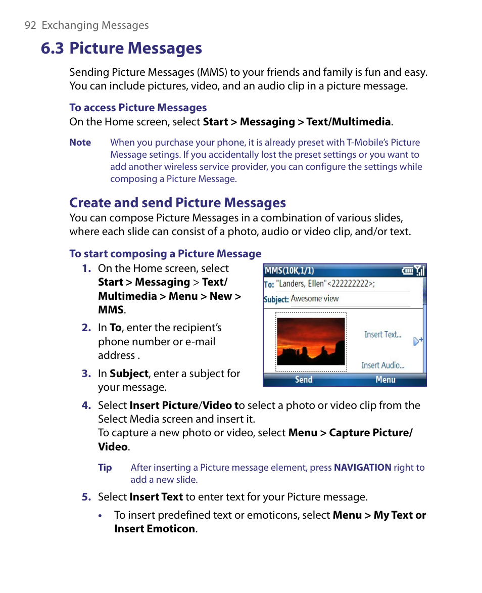 3 picture messages, Create and send picture messages | HTC Dash EXCA160 User Manual | Page 92 / 202
