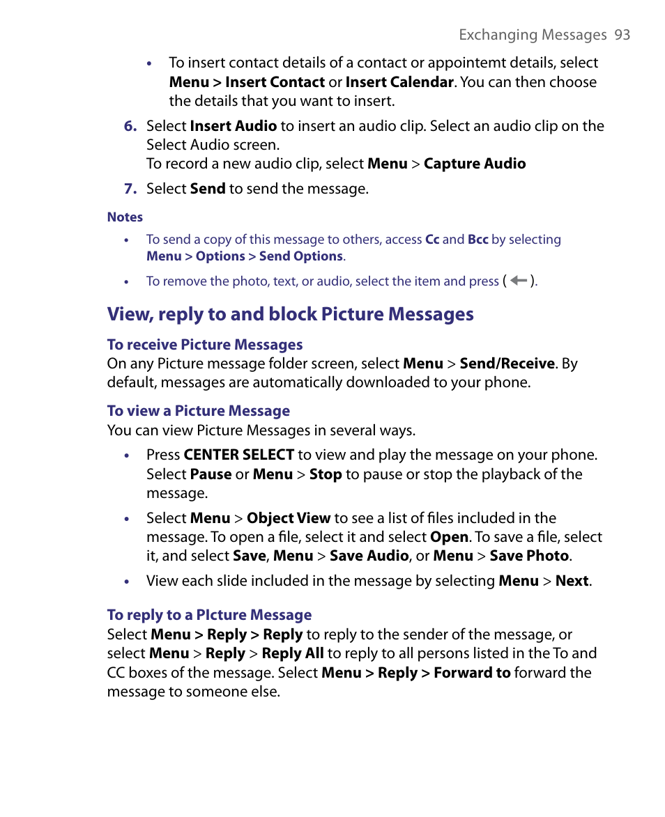 View, reply to and block picture messages | HTC Dash EXCA160 User Manual | Page 93 / 202