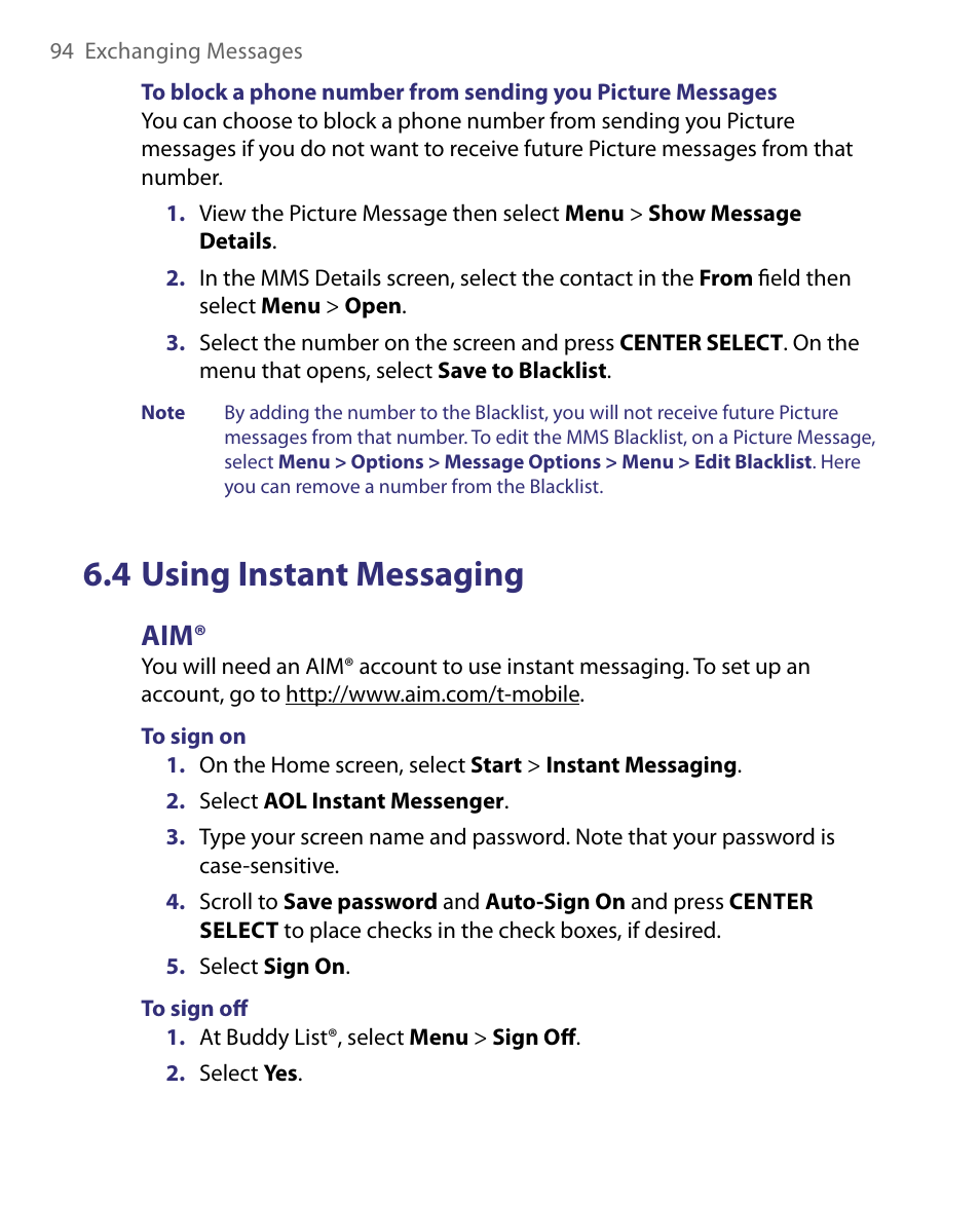 4 using instant messaging | HTC Dash EXCA160 User Manual | Page 94 / 202