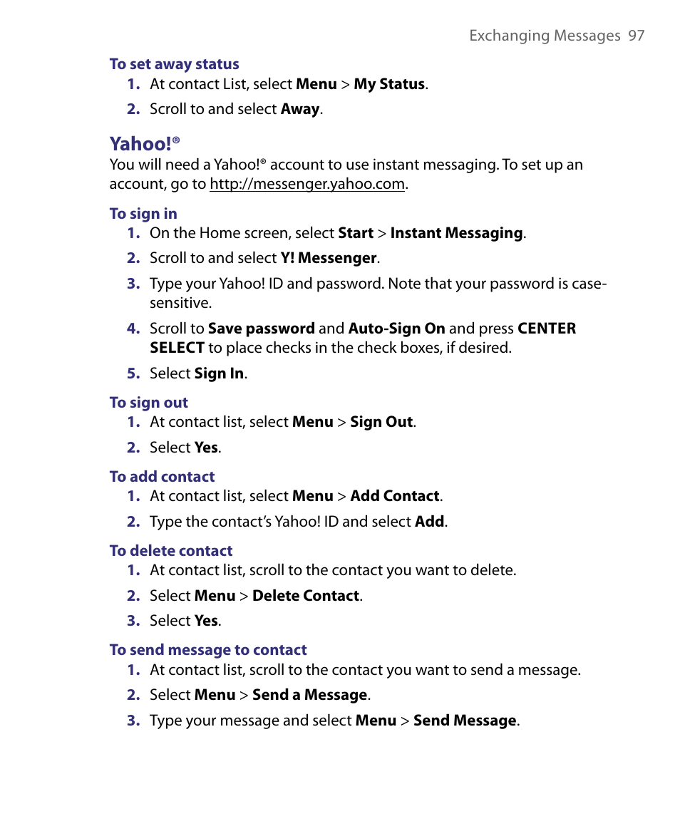 Yahoo | HTC Dash EXCA160 User Manual | Page 97 / 202
