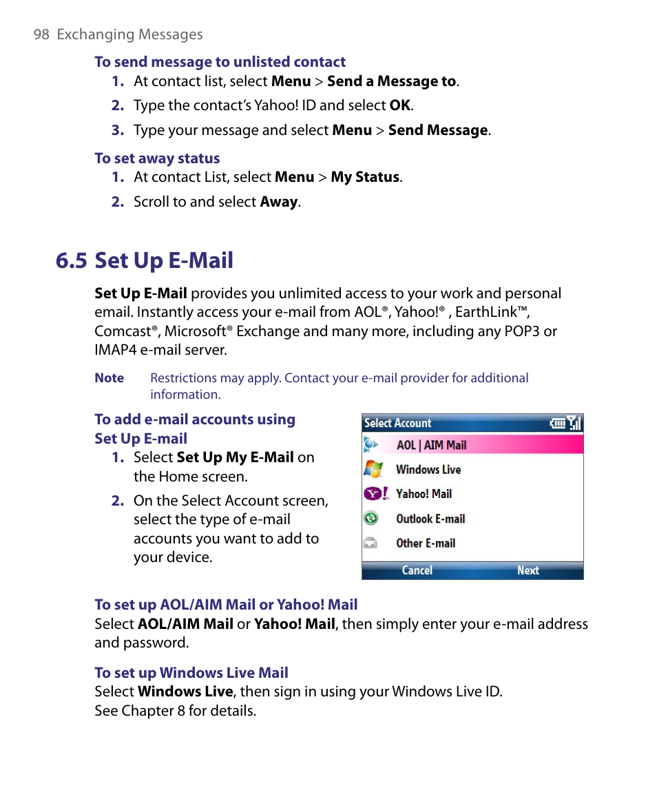 5 set up e-mail | HTC Dash EXCA160 User Manual | Page 98 / 202