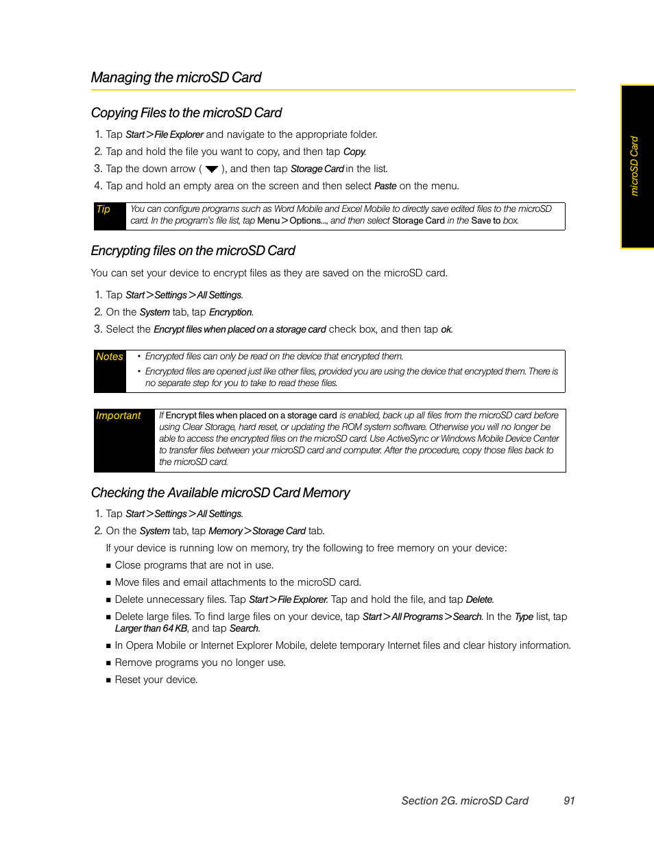 Managing the microsd card, Copying files to the microsd card, Encrypting files on the microsd card | HTC Pro2 User Manual | Page 101 / 234