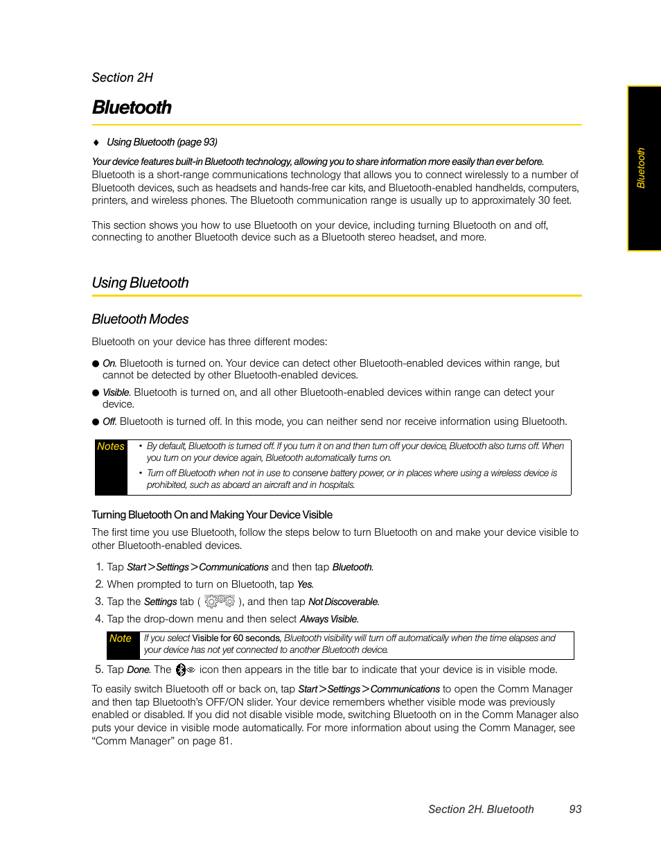 Bluetooth, Using bluetooth, 2h. bluetooth | Bluetooth modes | HTC Pro2 User Manual | Page 103 / 234