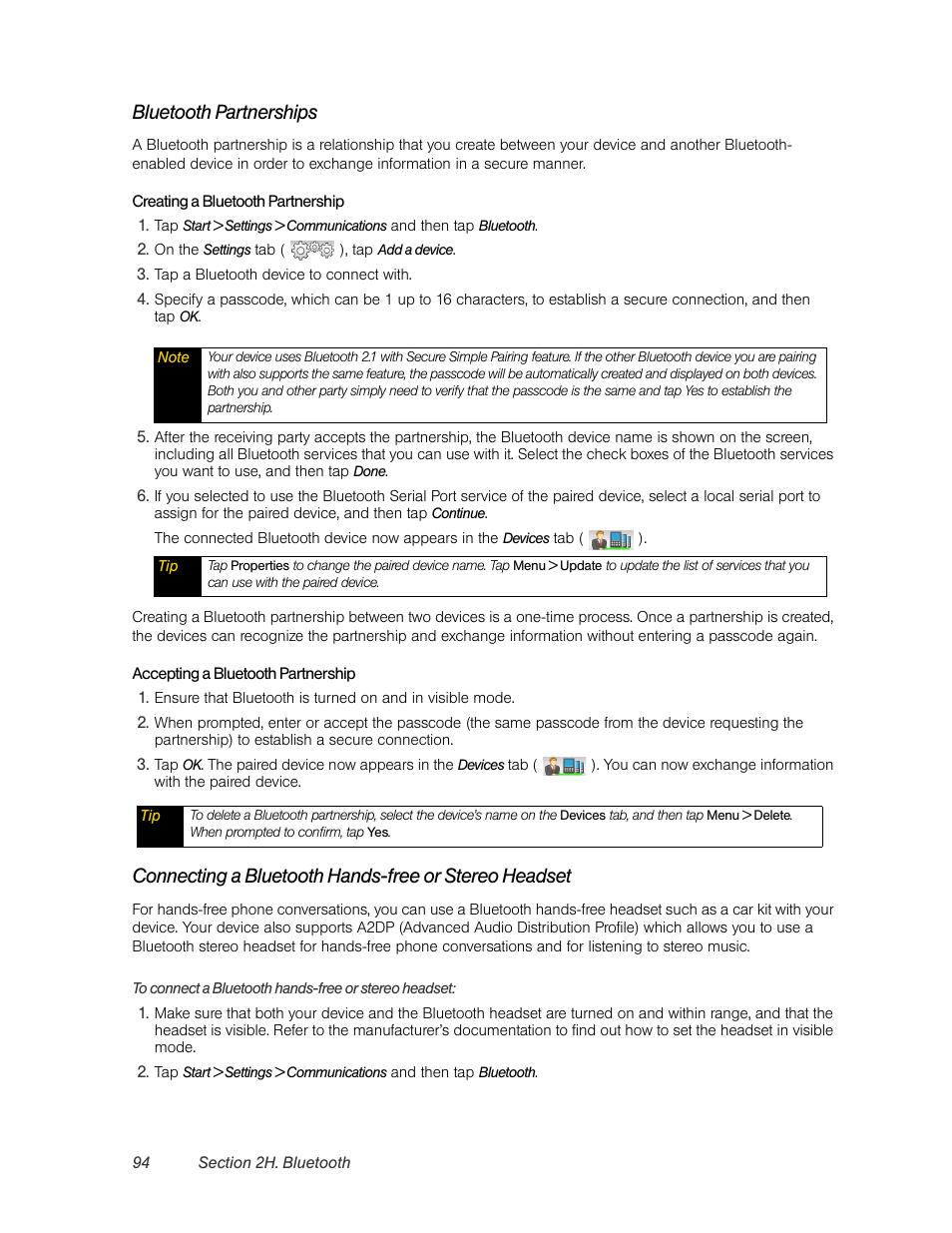 Bluetooth partnerships | HTC Pro2 User Manual | Page 104 / 234