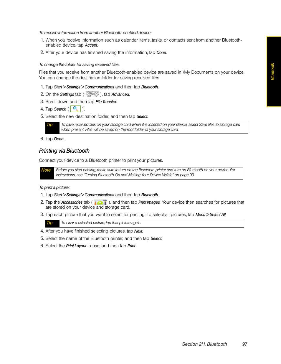 Printing via bluetooth | HTC Pro2 User Manual | Page 107 / 234