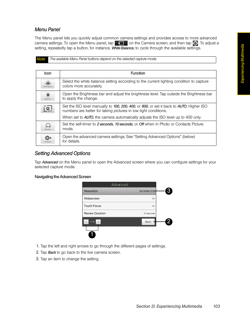 Menu panel, Setting advanced options | HTC Pro2 User Manual | Page 113 / 234