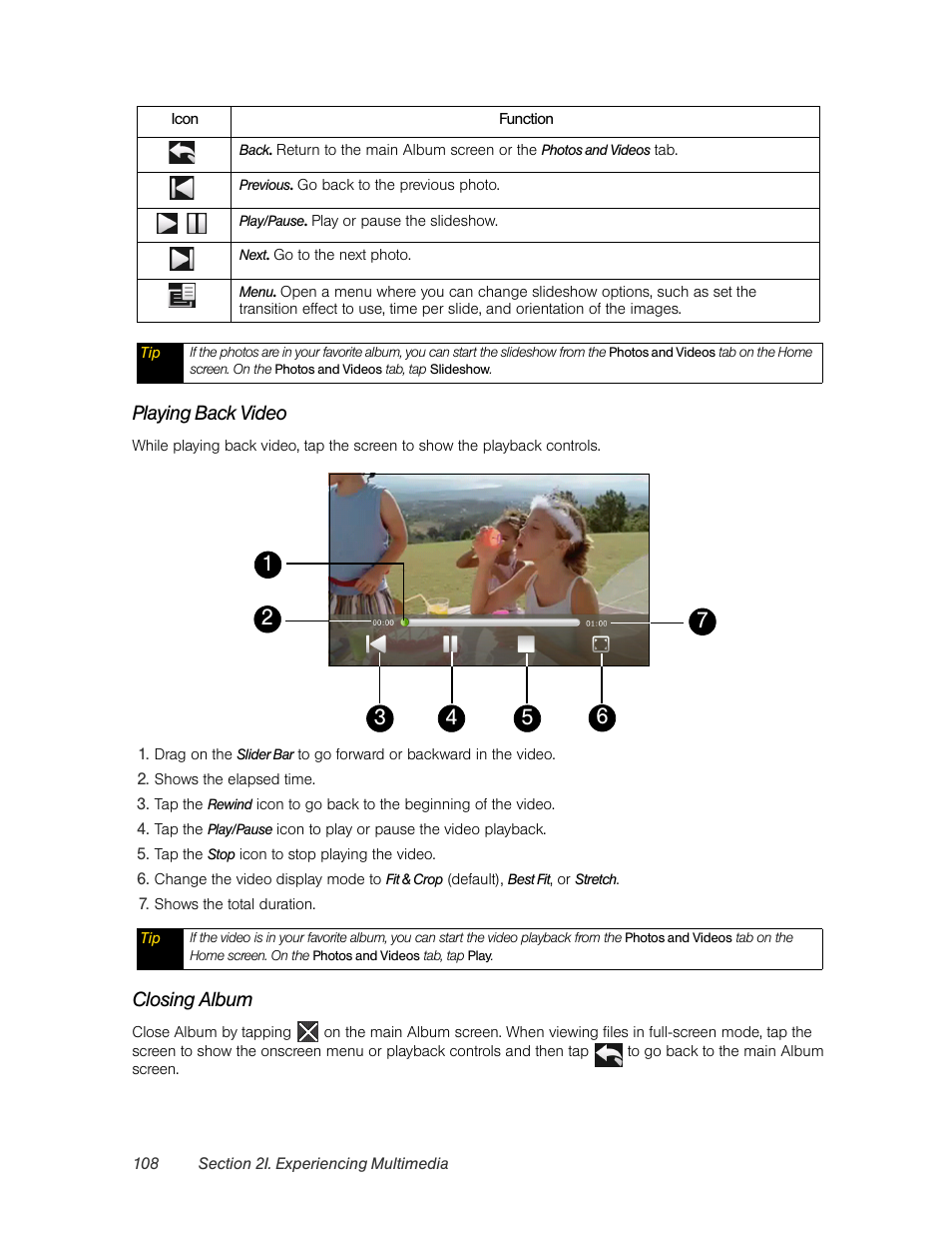 Playing back video, Closing album | HTC Pro2 User Manual | Page 118 / 234