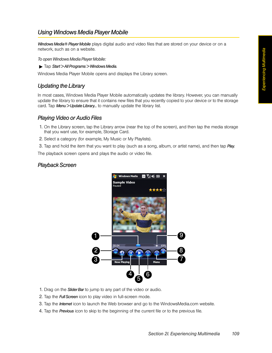 Using windows media player mobile, Updating the library, Playing video or audio files | Playback screen | HTC Pro2 User Manual | Page 119 / 234